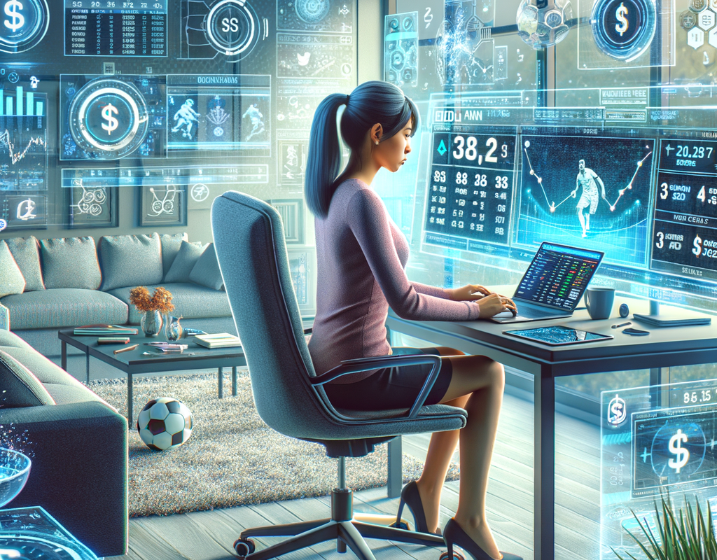 A digital illustration showing a modern home office where a young adult is analyzing live sports betting data on a laptop and smartphone. Multiple floating windows display match odds, payout ratios, and bet types. Symbols like dollar signs, footballs, graphs, and warning signs about responsible gambling surround the character. The room is well-lit, clean, and tech-forward. The art style should be semi-realistic or vector, professional but friendly, suited for an article about online betting and SBOBet.