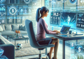A digital illustration showing a modern home office where a young adult is analyzing live sports betting data on a laptop and smartphone. Multiple floating windows display match odds, payout ratios, and bet types. Symbols like dollar signs, footballs, graphs, and warning signs about responsible gambling surround the character. The room is well-lit, clean, and tech-forward. The art style should be semi-realistic or vector, professional but friendly, suited for an article about online betting and SBOBet.