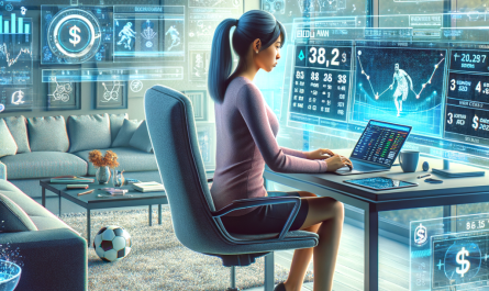 A digital illustration showing a modern home office where a young adult is analyzing live sports betting data on a laptop and smartphone. Multiple floating windows display match odds, payout ratios, and bet types. Symbols like dollar signs, footballs, graphs, and warning signs about responsible gambling surround the character. The room is well-lit, clean, and tech-forward. The art style should be semi-realistic or vector, professional but friendly, suited for an article about online betting and SBOBet.