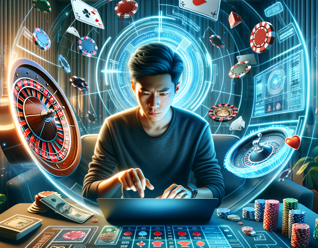 A sleek, modern digital illustration of a player at home on a laptop surrounded by glowing casino elements like a roulette wheel, slot machine reels, poker chips, and playing cards. Holographic data and odds charts float in the background. The room is stylish and tech-forward, with ambient lighting. The tone is focused yet playful, reflecting both entertainment and strategy. Style: semi-realistic digital art with sharp vectors and light effects.