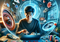 A sleek, modern digital illustration of a player at home on a laptop surrounded by glowing casino elements like a roulette wheel, slot machine reels, poker chips, and playing cards. Holographic data and odds charts float in the background. The room is stylish and tech-forward, with ambient lighting. The tone is focused yet playful, reflecting both entertainment and strategy. Style: semi-realistic digital art with sharp vectors and light effects.