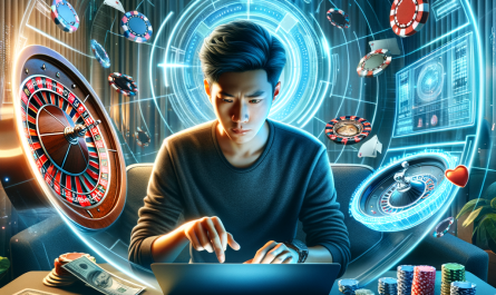 A sleek, modern digital illustration of a player at home on a laptop surrounded by glowing casino elements like a roulette wheel, slot machine reels, poker chips, and playing cards. Holographic data and odds charts float in the background. The room is stylish and tech-forward, with ambient lighting. The tone is focused yet playful, reflecting both entertainment and strategy. Style: semi-realistic digital art with sharp vectors and light effects.